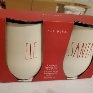 🎄🎅🤶 NEW RAE DUNN "ELF" & "SANTA"  INSULATED WINE 12 oz. GLASSES 🤶🎅🎄